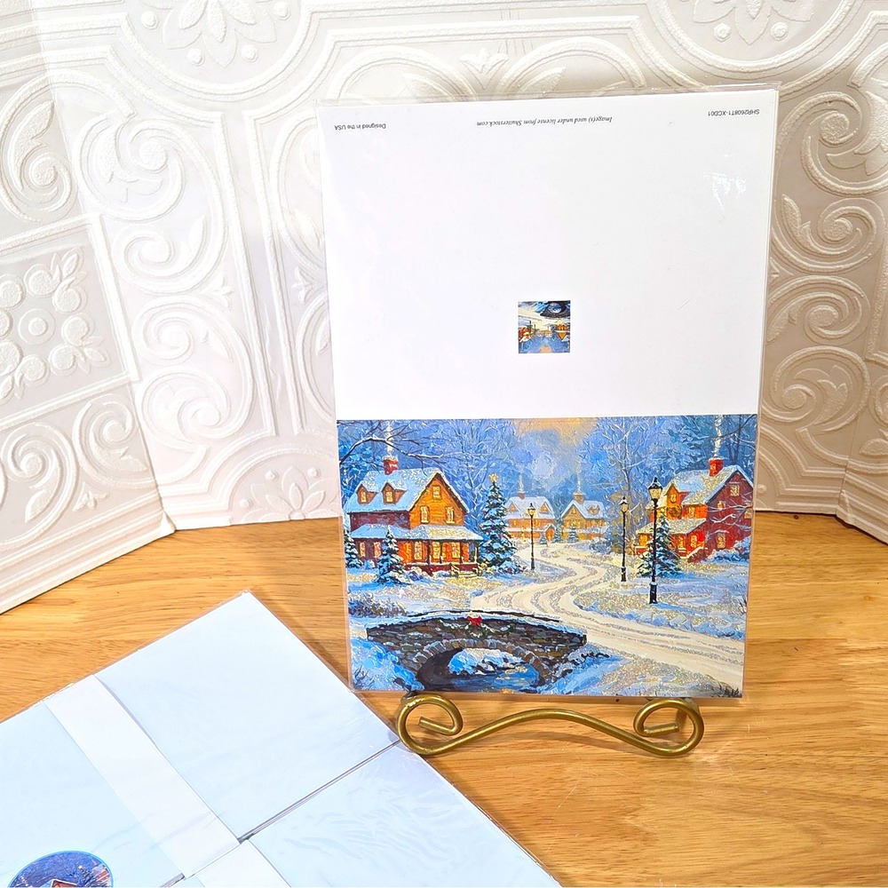 Christmas Folded Greeting Card, Winter Village Scene, White/Multicolor
